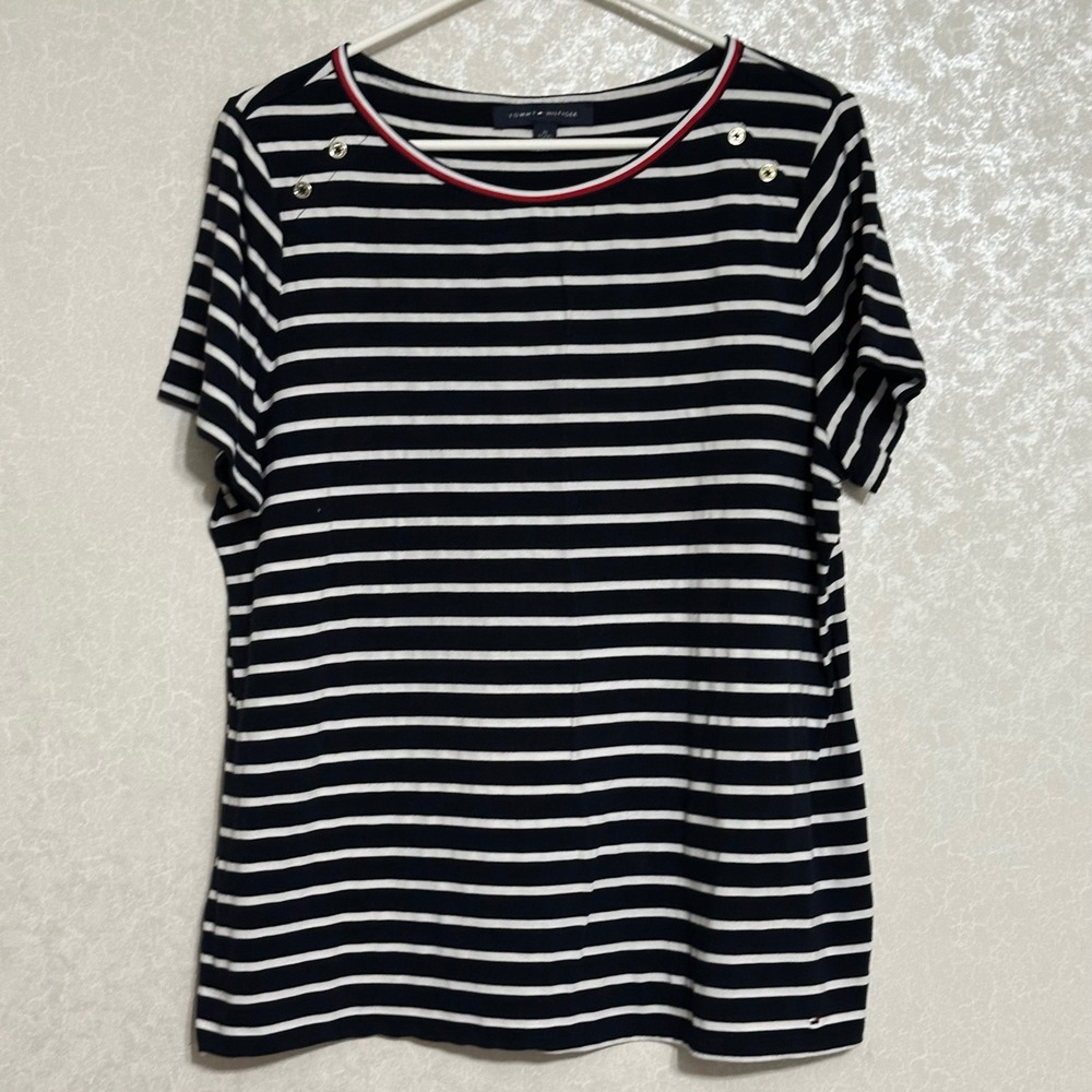 Tommy Hilfiger‎ Button Shoulder Striped Top Nautical Navy White Preppy XL